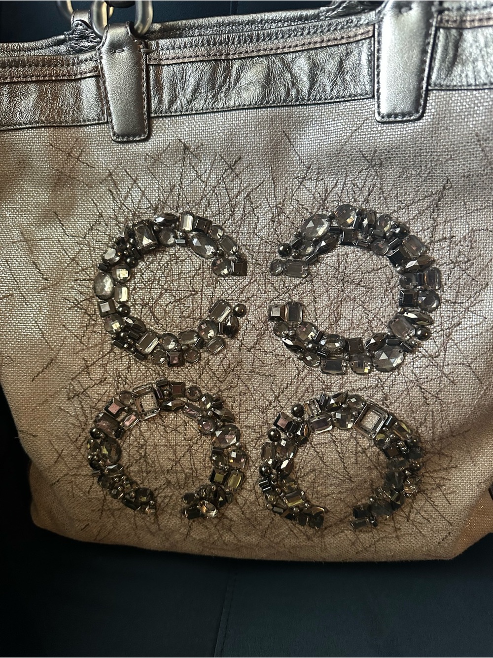 Coach Metallic Silver Tote Bag Jeweled Rare 18 x 15 x 4 w/Coach dust/paperbag - Picture 3 of 16